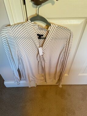 Talbots Cream Blouse with Brown Stripes and Neck Tie